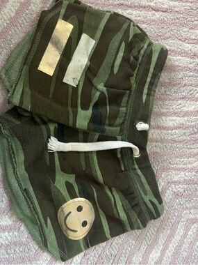 Vintage Havana Olive Green Camo Shorts with Metallic Smile Patch